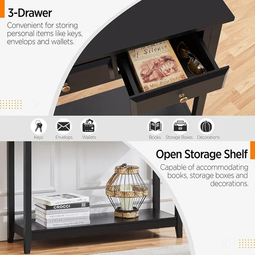 Miniatura 6 de Topeakmart Mesa consola con estante de almacenamiento y 3 cajones, mesa de sofá de 2 niveles para entrada/pasillo/sala de estar, material de madera