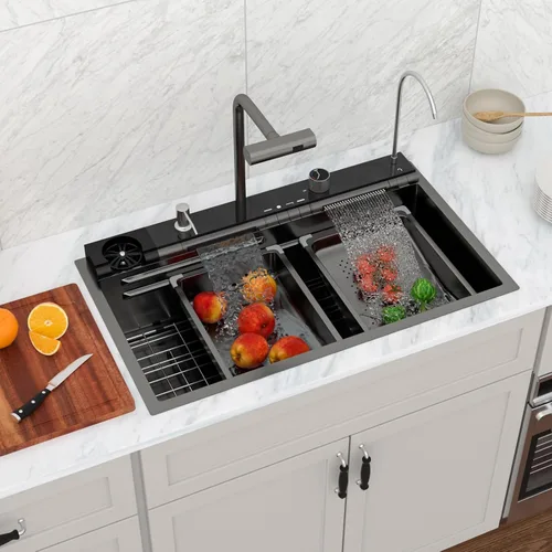 Miniatura 31 de Logmey Fregadero de cocina negro 33x22 empotrable, estación de trabajo de fregadero de cocina, SUS304 calibre 16 acero inoxidable, tazón individual