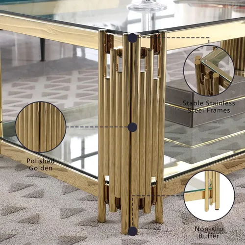 Miniatura 4 de Mesa auxiliar de cristal de 20 pulgadas, mesa de centro dorada para sala de estar, mesa auxiliar ancha de vidrio cuadrada, mesa auxiliar con 2