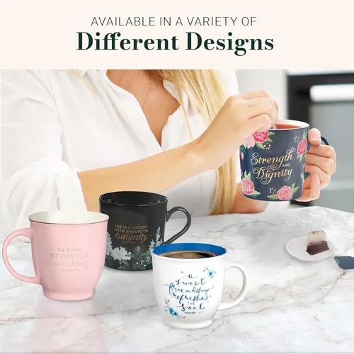 Miniatura 7 de Taza de cerámica de arte cristiano azul floral – 14 oz. Taza de café y té inspiradora con escrituras bíblicas apta para microondas y lavavajillas