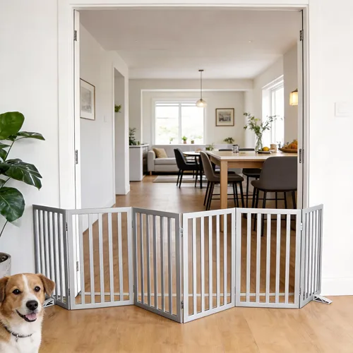 Miniatura 19 de Puerta para perros para interiores, valla independiente para perros, para la casa, puertas, pasillos o escaleras, puerta para mascotas plegable