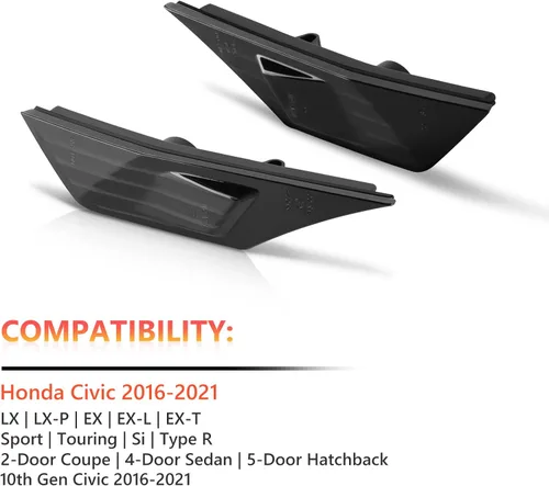 Miniatura 7 de Gempro Carcasas de luces de posición lateral de reemplazo para Honda Civic 2016-2021 Gen Civic Coupe Sedan Hatchback, cubiertas de luz frontal