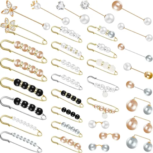 35 piezas de broche para mujer, suéter, chal, cárdigan, collar, sombrero, clip, escote, retro, perla, cristal, vestido de camisa, clip de camisa