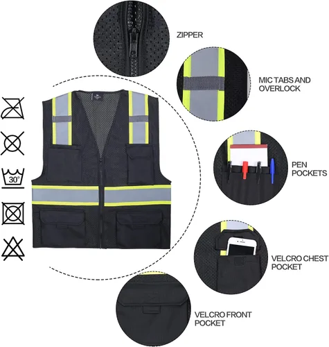 Miniatura 6 de VENDACE Hi Vis - Chaleco de malla reflectante de seguridad para hombre, ANSI Clase 2, chaleco de alta visibilidad con 8 bolsillos y cremallera