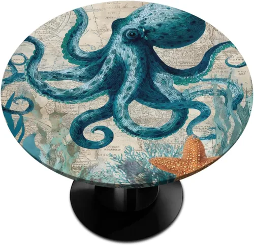 Miniatura 9 de Mantel redondo ajustable de playa de madera de verano con diseño de estrella de mar y borde elástico (se adapta a mesas de 40 a 44 pulgadas)