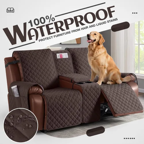 Miniatura 3 de KinCam Funda para Sofá Reclinable Loveseat 100% Impermeable con Consola, Fundas Antideslizantes para Sofá Reclinable de 2 Asientos, Funda de Sofá