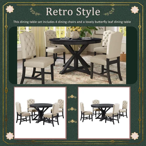 Miniatura 6 de Harper & Bright Designs TREXM - Juego de mesa de comedor de estilo retro funcional con mesa extensible y 4 sillas tapizadas para comedor y sala