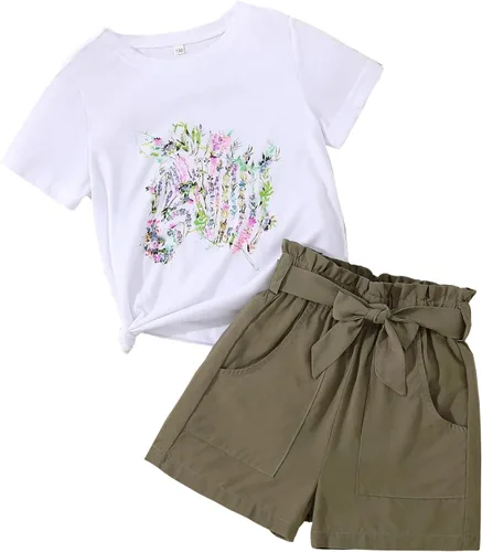 Conjunto de camiseta de manga corta floral y pantalón corto de verano con bolsillos en la cintura