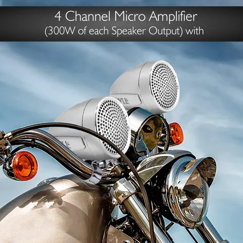 Miniatura 2 de Pyle Sistema de altavoz y amplificador de motocicleta de 600 vatios resistente a la intemperie con cuatro altavoces impermeables de 3 pulgadas
