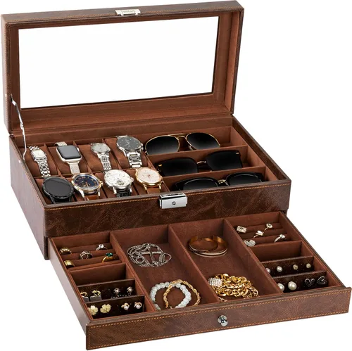 TomCare Caja de reloj de 2 niveles para reloj, caja organizadora de joyas con tapa de vidrio gruesa, organizador de relojes, soporte para exhibición