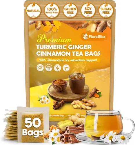 FloraBliss 50 bolsas de té de cúrcuma, jengibre y canela prémium con manzanilla, extra fuerte 0.08 oz/bolsa, 100% natural, sin cafeína, vegano,