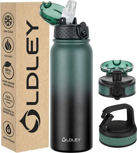 Miniatura 7 de Oldley Botella de Agua Aislada con Pajilla de 20oz, Botellas de Agua de Acero Inoxidable con 3 Tapas, Aislamiento al Vacío de Doble Pared Térmica