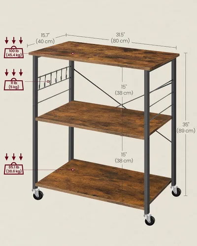 Miniatura 5 de VASAGLE Estante de cocina con ruedas, carrito de servicio de 31.5 pulgadas con 3 estantes, carrito de cocina, estante de microondas, para mini