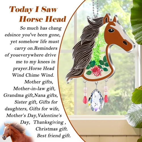 Miniatura 6 de KY&BOSAM Atrapasoles de cristal pintado a mano con cabeza de caballo, campanilla de viento con flor prensada incrustada en ventana de cristal, Día