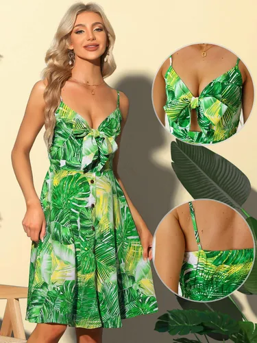 Miniatura 2 de Allegra K Vestido de tirantes con nudo para mujer, estampado tropical, sin mangas, con nudo frontal