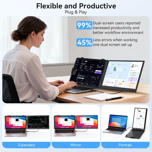 Miniatura 4 de Extensor de pantalla dual para laptop de 14 pulgadas, monitor portátil ultrafino, FHD 1080P USB-C/HDMI Plug & Play, pantalla de viaje ligera
