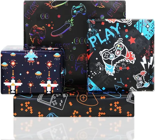 Geluode Papel de regalo de cumpleaños para niños y niñas, amantes de los videojuegos, papel de regalo de videojuegos de 4 estilos, 8 hojas plegadas