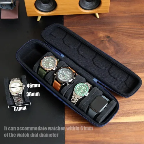 Miniatura 4 de Besforu Caja organizadora de relojes duros para hombres o mujeres, funda de viaje para 5 relojes, soporte portátil para relojes de pulsera y relojes