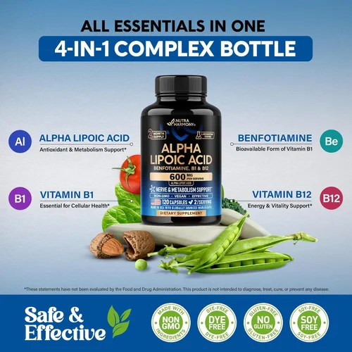Miniatura 6 de Ácido Alfa Lipóico 600mg - Suplemento de ALA Antioxidante para el Apoyo a los Nervios, Energía y Metabolismo - Fuerza Extra con Benfotiamina, B1