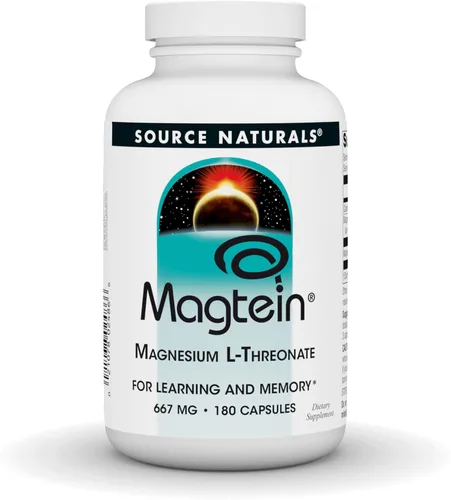 Source Naturals Magtein Magnesio L-treonato, 667mg, apoya el enfoque, el estado de ánimo, la memoria saludable, la función cognitiva - 180 cápsulas