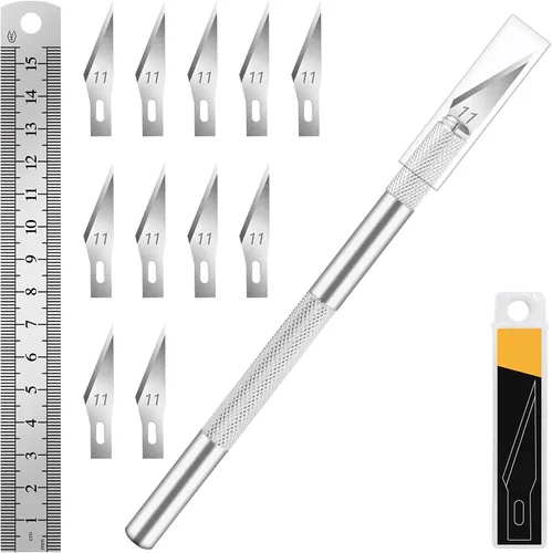Miniatura 11 de DIYSELF 1 Pieza Cuchillo de Manualidades Cuchillo de Hobby con Kit de 11 Piezas Cuchillas de Acero Inoxidable, 1 Regla de Acero de 15CM para Arte