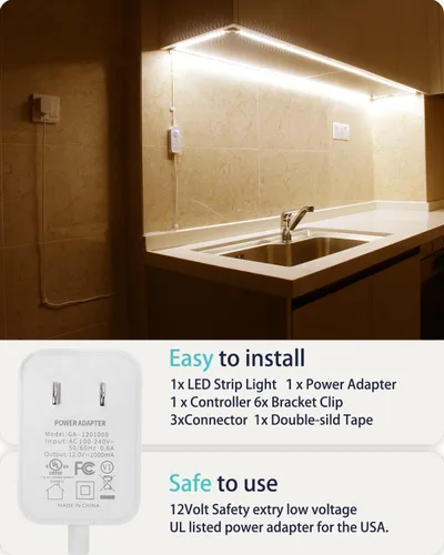 Miniatura 5 de DGD Luces para debajo del gabinete, tira de luces LED con sensor de movimiento enchufable para interiores con adaptador aprobado por UL FCC, BLANCO