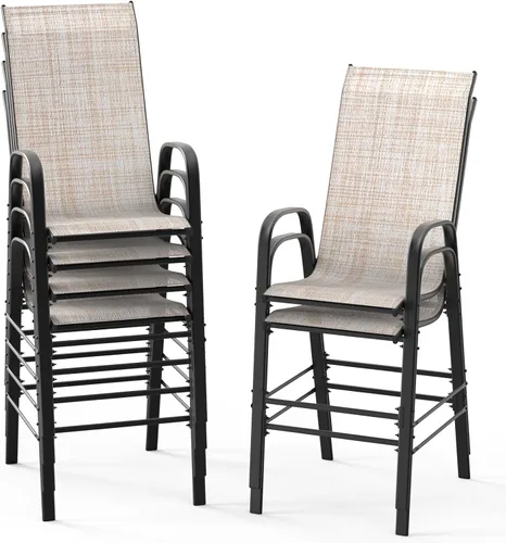Miniatura 11 de VINGLI Juego de 4 taburetes de bar apilables para exteriores, sillas tipo honda con respaldo alto y reposabrazos, para césped, jardín, bar, gris