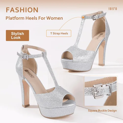 Miniatura 6 de IDIFU IN5 Polly - Sandalias de tacón alto grueso con correa en T para mujer, sandalias sexy con punta abierta, para boda, fiesta, graduación