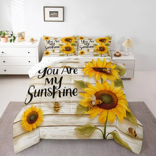 Erosebridal Juego de ropa de cama con estampado de girasol, letras retro y flores amarillas, decoración de dormitorio, edredón de plumón de abeja