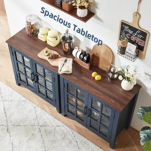 Miniatura 4 de Aparador Grande Buffet con Almacenamiento, 32" Mueble de Cocina Estilo Granja Azul Marino para Café y Vino con 2 Puertas de Vidrio, Mesa Aparador