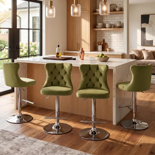 Miniatura 19 de SoarFlash Juego de 2 taburetes de bar tapizados de terciopelo moderno con patas de madera, botones acolchados, cabeza de clavo cromada, asiento