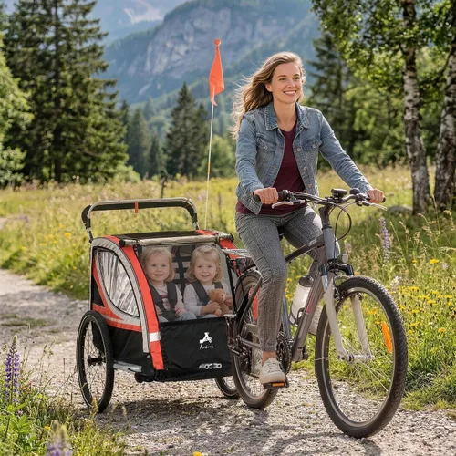 Miniatura 2 de Aosom Remolque de bicicleta de bebé 3 en 1 para niños, 2 plazas, cochecito de bicicleta de alta visibilidad para carro pequeño, accesorio de Rojo