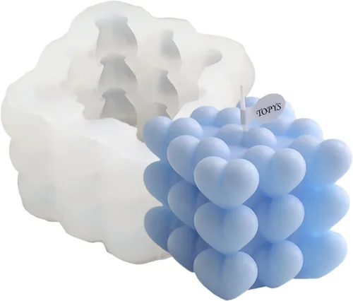 Molde de Silicona para Vela de Corazón Burbuja 3D Cubo DIY Corazones Apilados Jabón Artesanal Resina Yeso Artesanal Cera de Soja Molde para