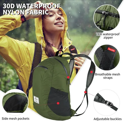 Miniatura 4 de Naturehike Mochila de senderismo ligera de 18 litros, mochila plegable impermeable para acampar, ultraligera para viajes, avión, adultos Verde Pino