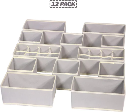 Miniatura 7 de Juego de 12 cajones plegables divisores de tela, caja de almacenamiento de armario, cómoda, cubo, contenedores de tela para ropa interior, Gris