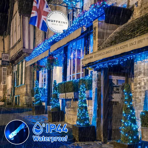 Miniatura 9 de JMEXSUSS 150 luces LED azules de Navidad para interiores y exteriores, luces de cadena conectables de 59 pies con enchufe, 8 modos de luces de hadas