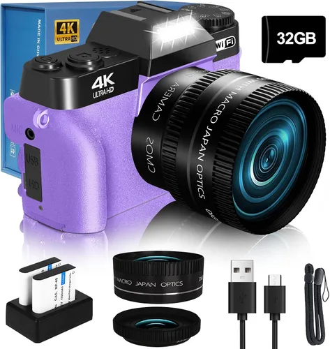 Actualización 2024 VJIANGER Cámara Digital para Fotografía y Videoblogs para YouTube con WiFi, Pantalla Giratoria de 180°, Zoom Digital 16X, Lente