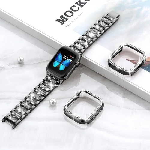 Miniatura 3 de SUPOIX - Correa compatible con Apple Watch de 1.49 pulgadas + funda, joyería para mujer con diamantes brillantes, bandas de metal y 2