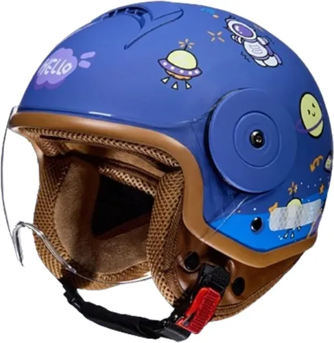 Casco de motocicleta retro para niños 3/4, aprobado por el DOT, casco vintage de cara abierta para scooter eléctrico, kart, bicicleta de tierra, Azul