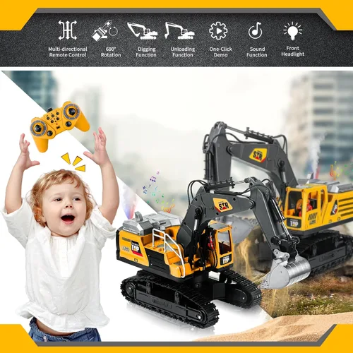 Miniatura 2 de Juguete de construcción de excavadora a control remoto, 14 canales 2.4Ghz RC con pulverización de motor real de simulación, rotación de 680°, pala