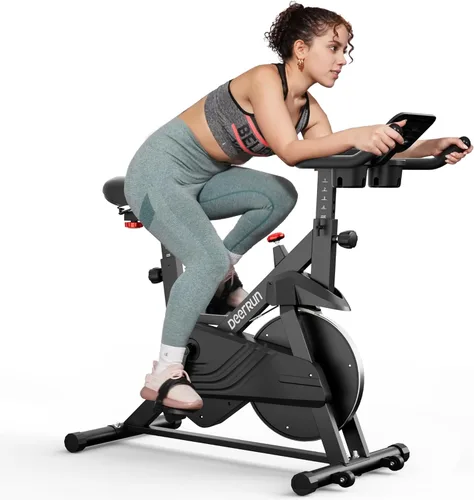 Miniatura 10 de Bicicleta fija de ejercicio DeerRun, bicicleta de ciclismo interior con freno de pastilla/magnética ajustable, bicicleta estacionaria