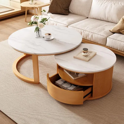 Miniatura 15 de Mesa de café redonda, mesa de café moderna de 31.5" con 2 cajones grandes de almacenamiento, tapa de mesa con patrón de mármol, mesa central