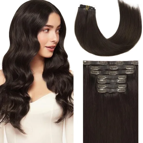 Miniatura 54 de Loxxy Extensiones de cabello humano con clip, sin costuras, 22 pulgadas, color marrón oscuro a castaño oscuro y marrón oscuro, 7 piezas