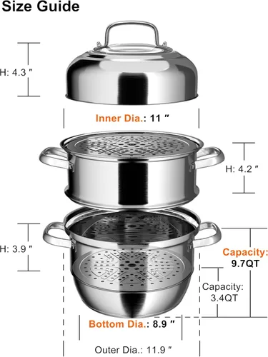 Miniatura 2 de VENTION Olla Vapor de 3 niveles de acero inoxidable grande de 30 cm, vaporizador de inducción para cocinar, olla de vapor de 11.9 pulgadas