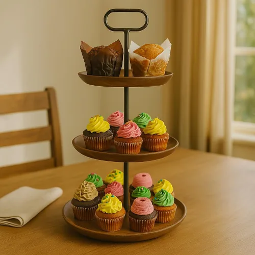 Miniatura 6 de Soporte de exhibición de madera de acacia de 3 niveles, torre rústica para cupcakes, servidor de postres y aperitivos, apilador de queso