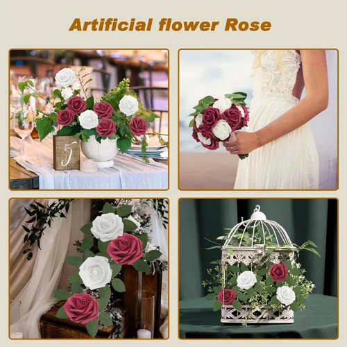 Miniatura 3 de Flores Artificiales Rosas Realistas, 50 piezas de rosas falsas con tallo de aspecto real para ramos de boda DIY, centros de mesa, despedida