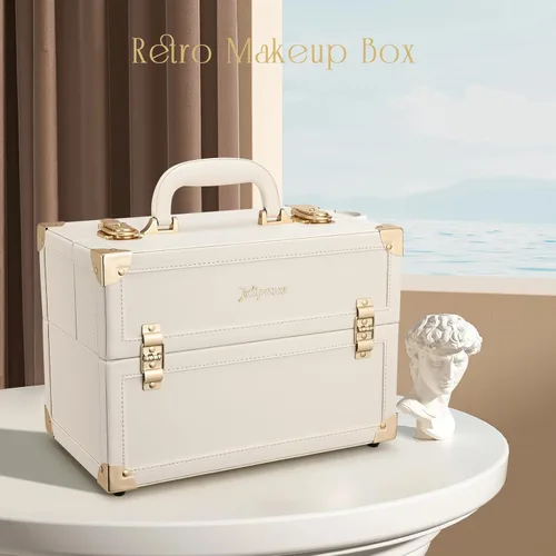 Miniatura 6 de Joligrace - Estuche de maquillaje portátil grande con organizador de almacenamiento de cosméticos con cerradura, con 4 compartimentos de bandeja