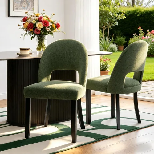 Miniatura 13 de Juego de 2 sillas de comedor de madera, modernas sillas de comedor tapizadas para cocina con tela de lino y respaldo abierto, patas de madera