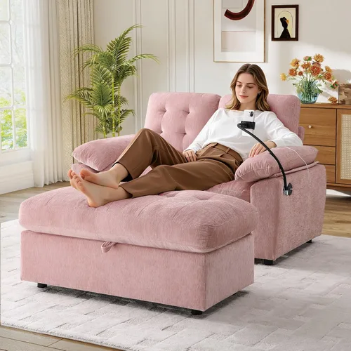 Miniatura 10 de Chaise Lounge Chair para interiores con puerto USB y soporte para teléfono, sillón reclinable pequeño de felpilla con otomana de almacenamiento