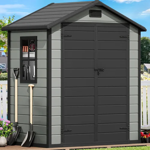 Miniatura 11 de DWVO Cobertizo de almacenamiento para exteriores de 5 x 3 pies con estilo de valla y ventanas laterales, piso y puertas con cerradura, cobertizo